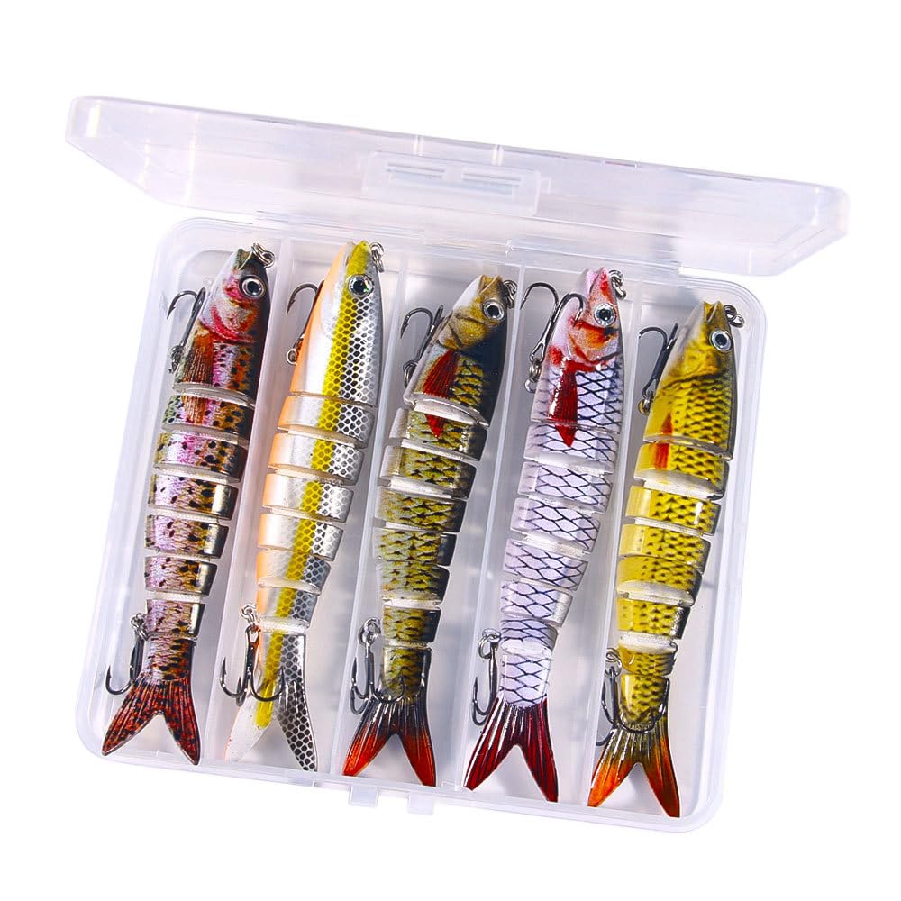 5pcs Señuelos Pesca, Señuelos Artificiales De Pesca, Cebos de Pescar Multi Articulados para Agua Dulce o Salada, Duro del Senuelo Cebos de Mar Spinning para Trucha, Lubina, Perca, Lucio