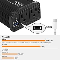 Vista 3 de ALLWEI - Inversor de corriente de 300 W, adaptador de toma de corriente con enchufe para coche, CC 12 V a CA 110 V, con cargador rápido USB-C PD