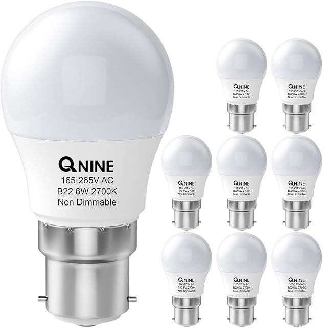 QNINE 8-Pack Warm White Bayonet Light Bulb, 6W (60W Equivalent), B22 LED Golf Ball Bulb, 2700K, Non-Dimmable