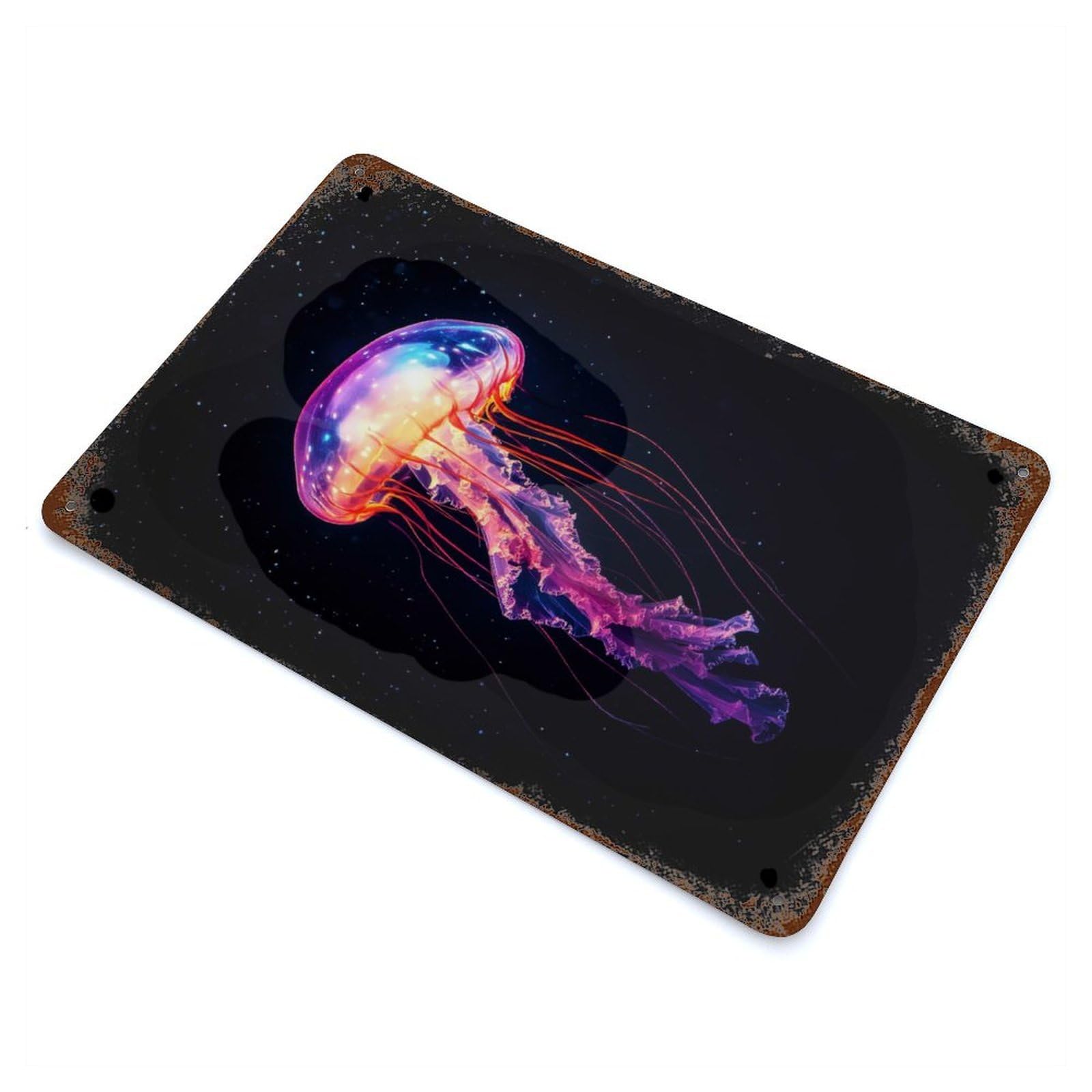 Neon Jellyfish Vintage Wall Sign 11.8"x7.9", Rust Effect Metal Decor for Living Room, Hallway And Home Decor