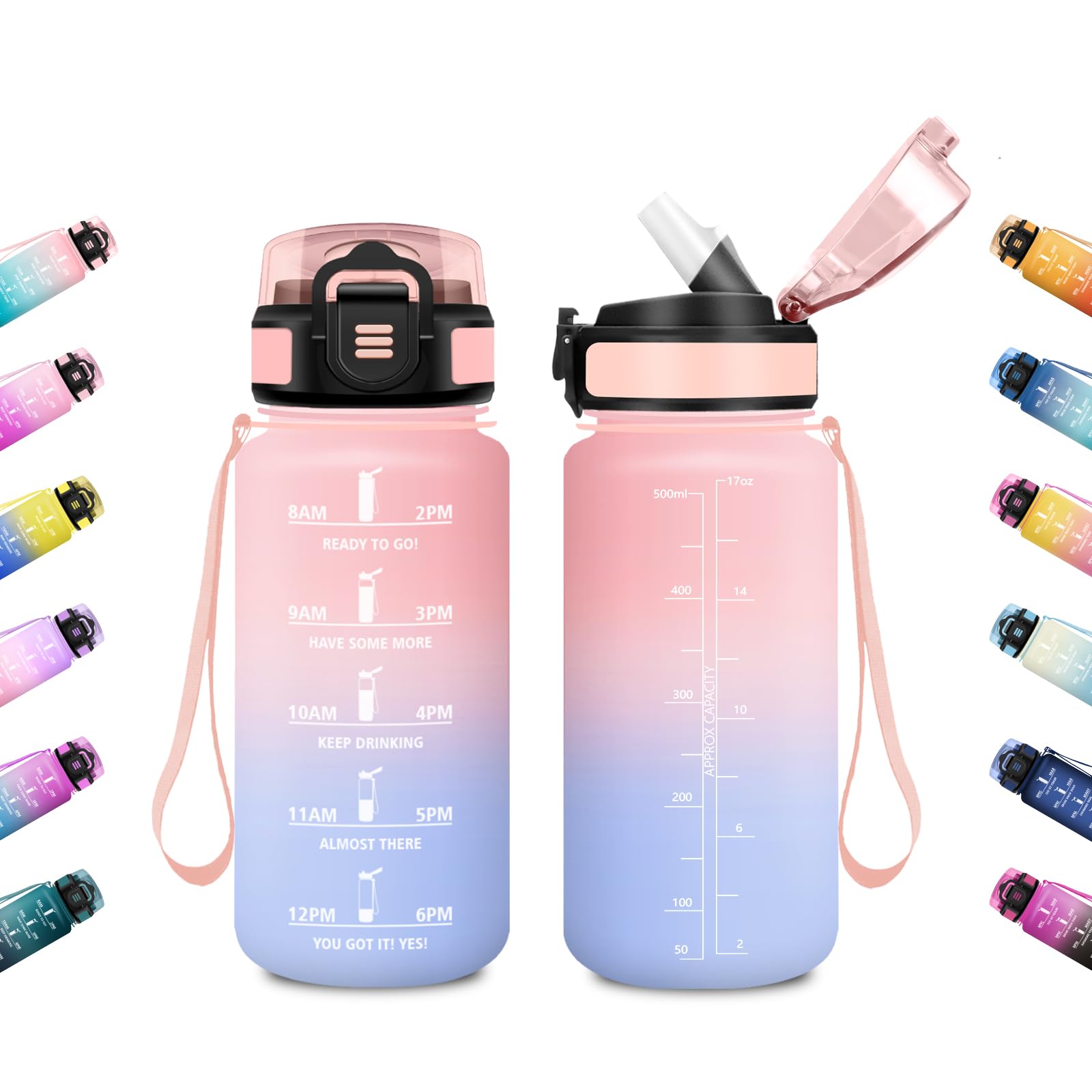 JAPORIA 500ml Water Bottle Leak Proof Motivational Water Bottle with Straw Time Indicator for Camping Office Work