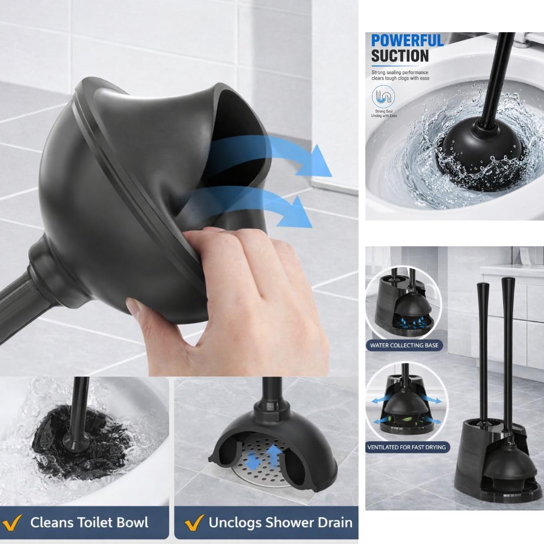 2-in-1 Toilet Bowl Brush and Plunger Set - Toilet Plunger Brush Set for Bathroom - Heavy Duty Rubber Plunger and Durable Toilet Brush, Compact Bathroom Cleaning Set for Home, Apartment (Black)