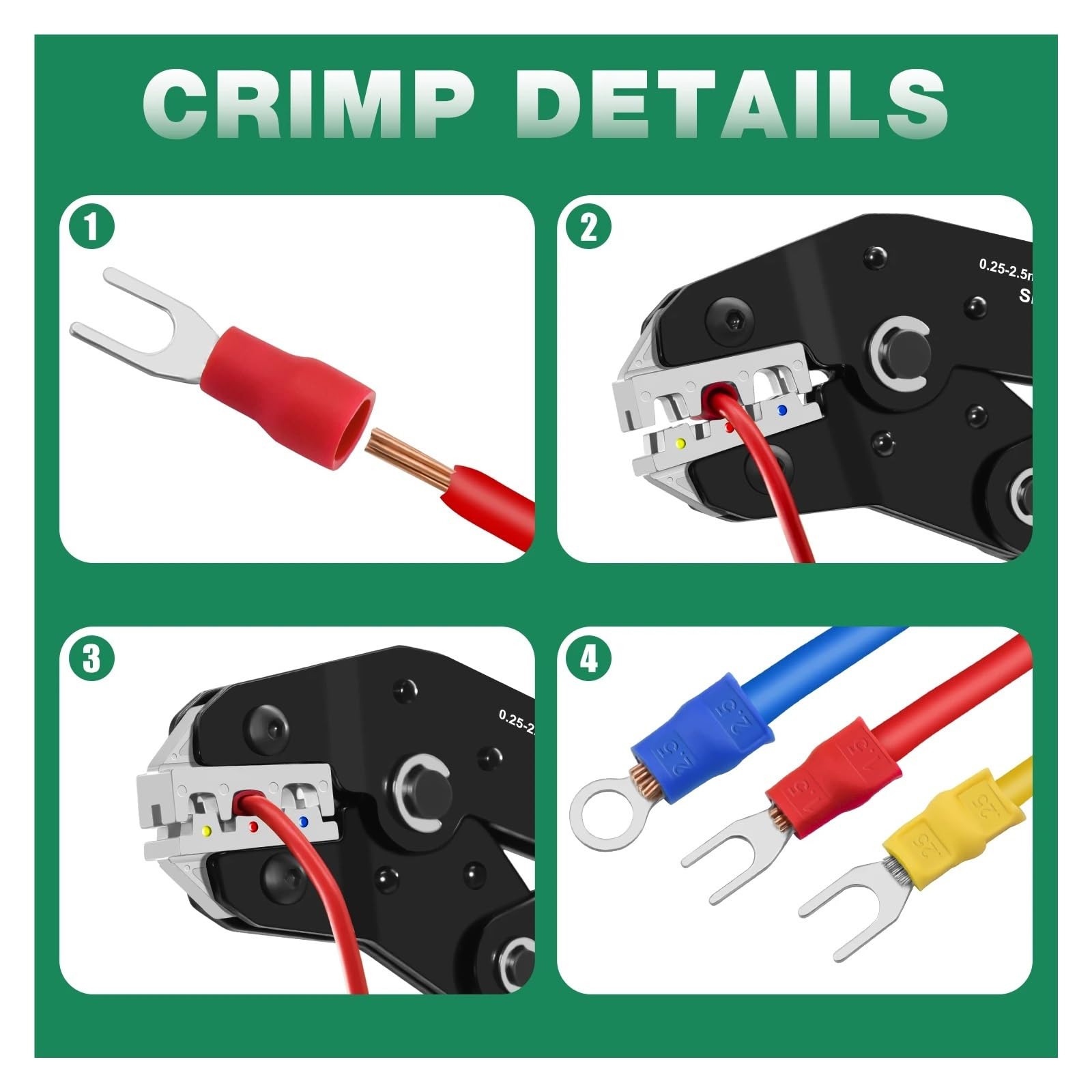 Kit de herramientas crimpado terminales cable 02C con 225 conectores empalme eléctrico aislados - Alicates trinquete