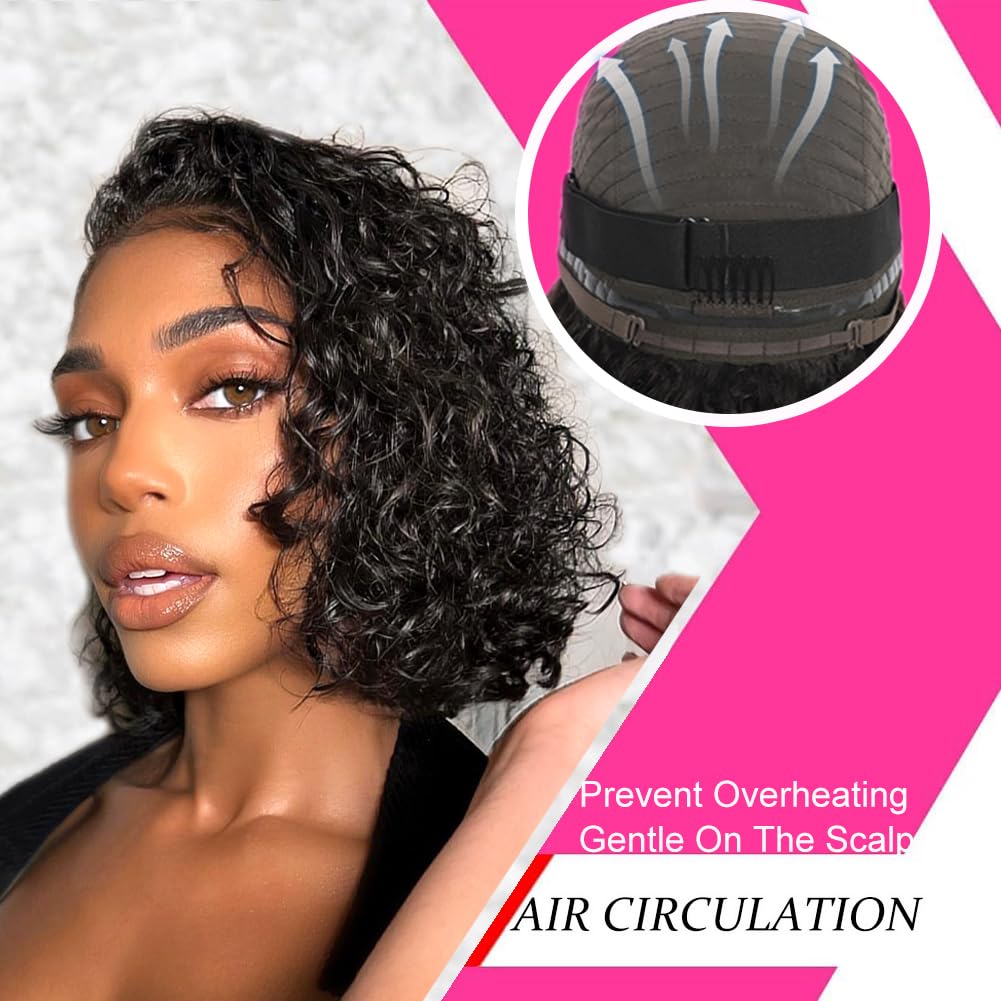 Side Part Curly Bob Wig Human Hair Water Wave 14 Inch Glueless Wigs Human Hair Pre Plucked Pre Cut Hd Lace Closure Wigs for Women Natural Black Daily Wear Put On and Go Wig
