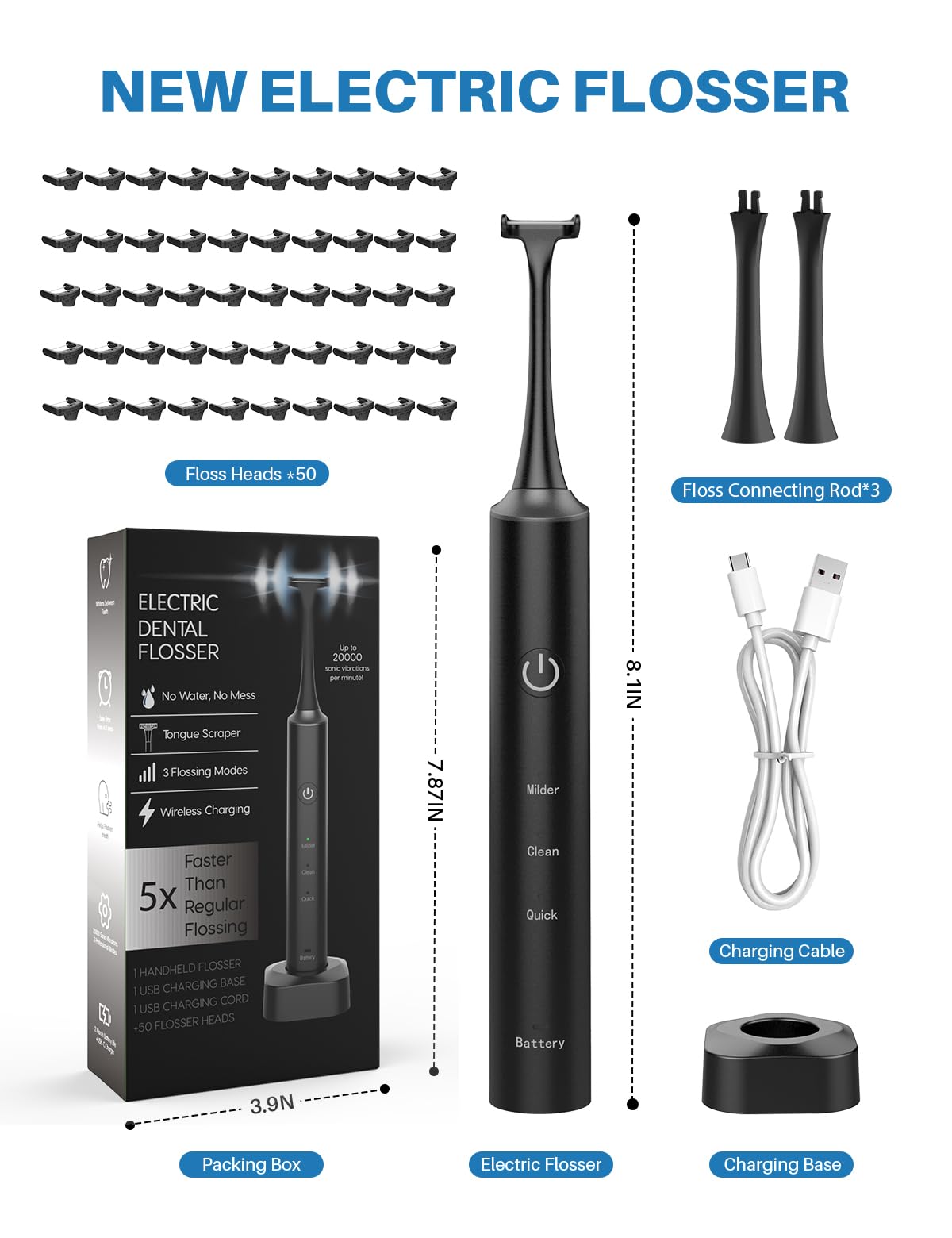 Voraiya Hilo dental eléctrico para dientes, reutilizable, con 50 cabezales de repuesto, recomendado por dentistas, alternativa al irrigador dental de agua, púas de hilo dental recargables para adultos