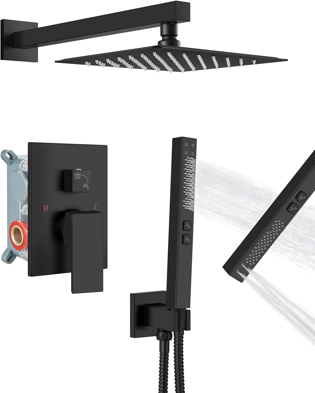 Shower Faucet Set Rainfall Shower System with Square Showerhead and Handle Set Fixture with 2 in 1 Function Handheld Sprayer Wall Mounted Trim Repair Kit Rough-in Valve 8 Inch Matte Black