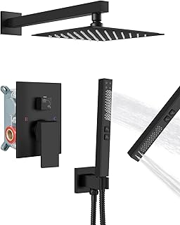 Shower Faucet Set Rainfall Shower System with Square Showerhead and Handle Set Fixture with 2 in 1 Function Handheld Sprayer Wall Mounted Trim Repair Kit Rough-in Valve 8 Inch Matte Black