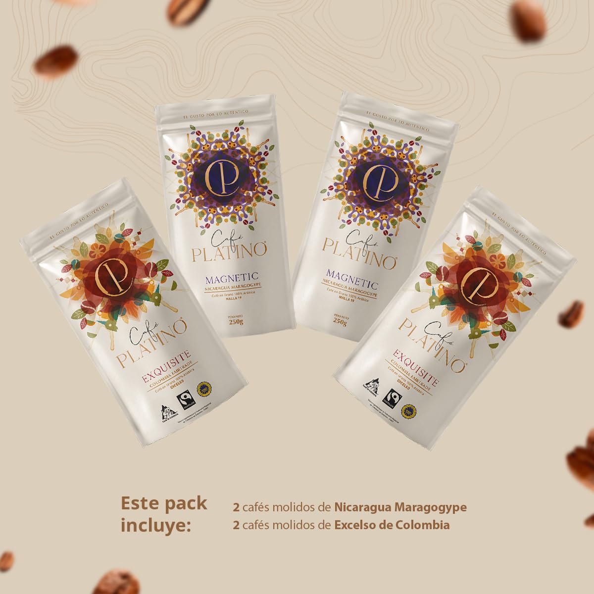Café Platino - Pack Surtido Cafés de América 4 x 250g - Café en Grano Natural de Colombia Fairtrade y Nicaragua Maragogype - 100% Arábica