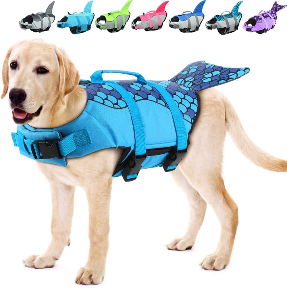 EMUST Dog Life Jacket Shark, Ripstop Dog Lifesaver Vests with Rescue Handle for