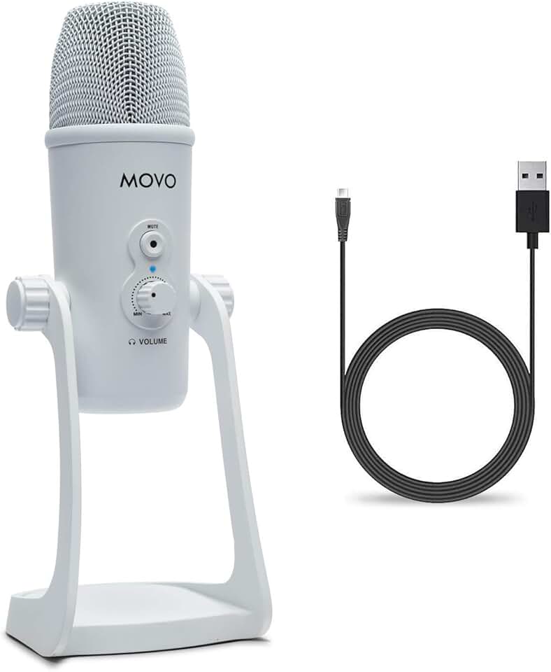 Movo UM700W White Desktop USB Microphone for Computer - Studio Mic with 4 Pickup Patterns - USB Gaming Microphone for PC, Mac, and Android - Best Mic for Podcast Recording and Streaming Setup ClimeCo Certified