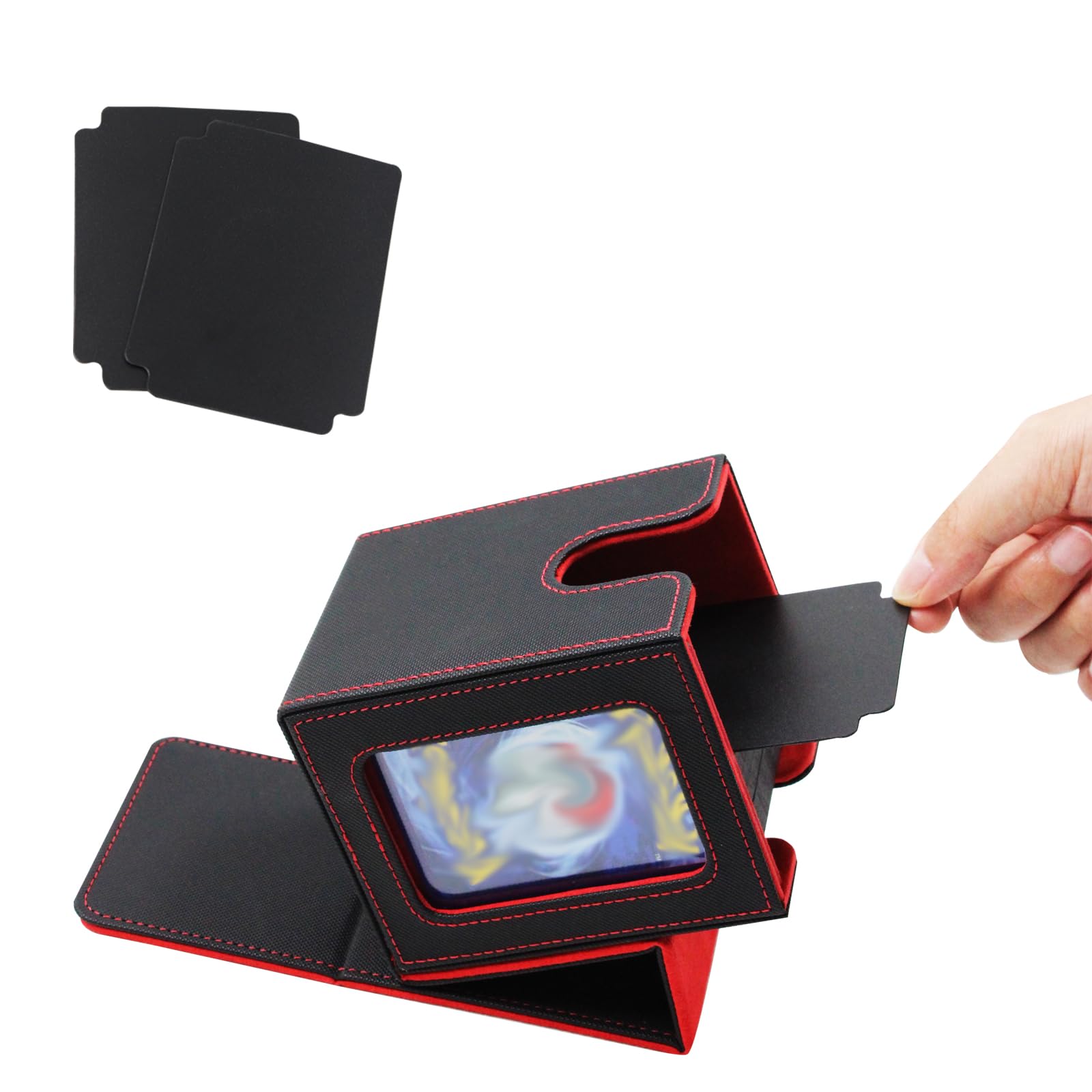 awedsu Collectible Trading Card Cases for Commander Display, Card Storage Box Fits100+Double Sleeved Cards with 2 Dividers &Transparent Card (Black & Red)