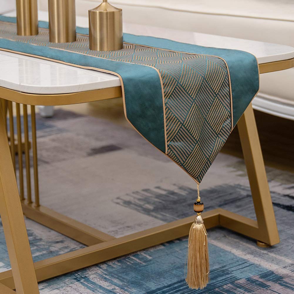 Nordico Runner da tavola - Jacquard Ripple Tassel Table Runner Sala da pranzo Decor Party Nappa Letto Runner Panno per tavolino Decorazione mobile TV(Green1,33x240cm)
