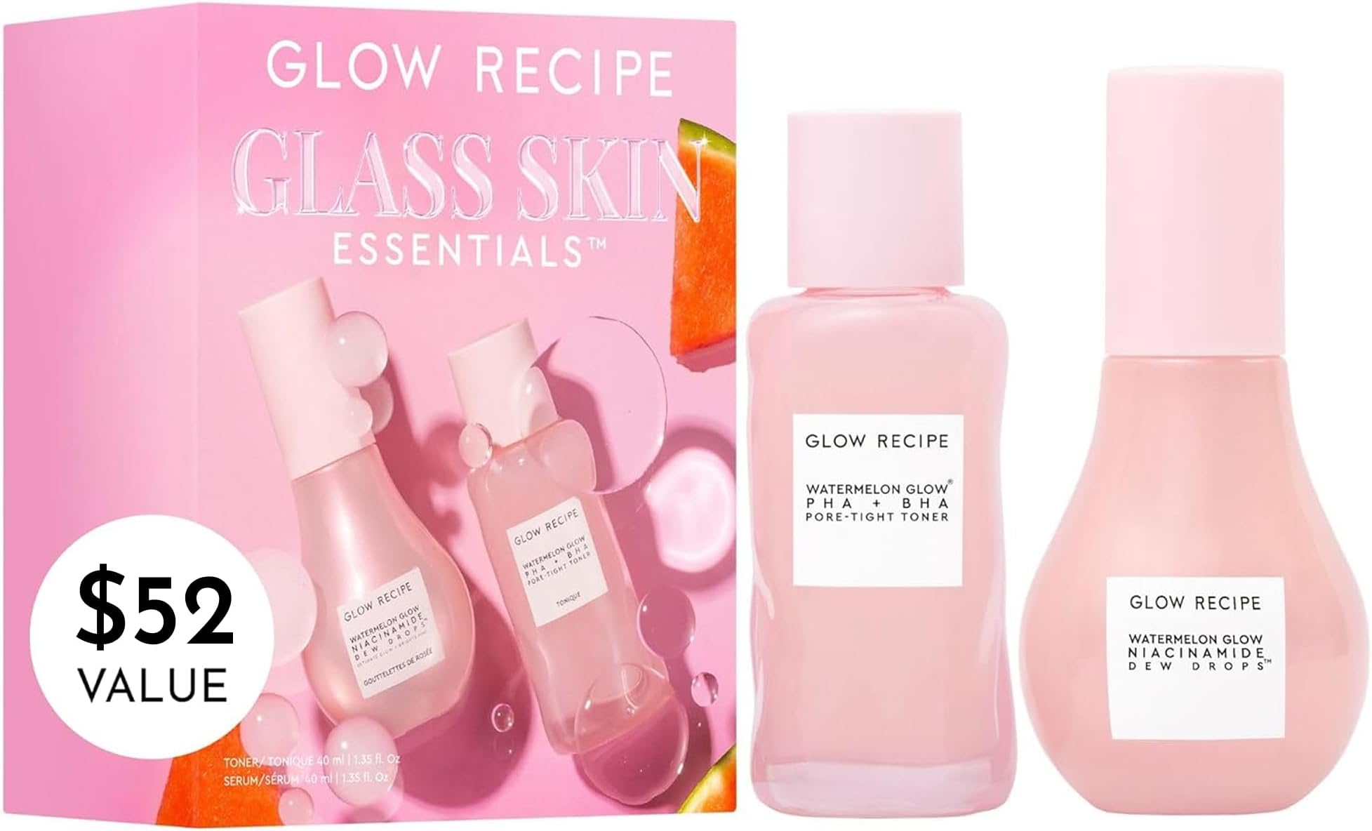 Glass Skin Essential Korean Skincare Kit - Includes Niacinamide Dew Drops Face Serum & PHA + BHA Face Toner - Travel Size Watermelon-Powered Hydrating Serum & Pore Minimizer (2 Count)