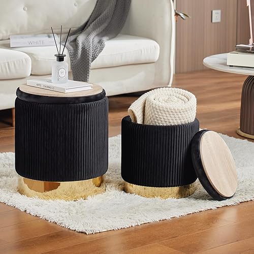 Round Ottoman with Storage Set of 2 Upholstered Velvet Vanity