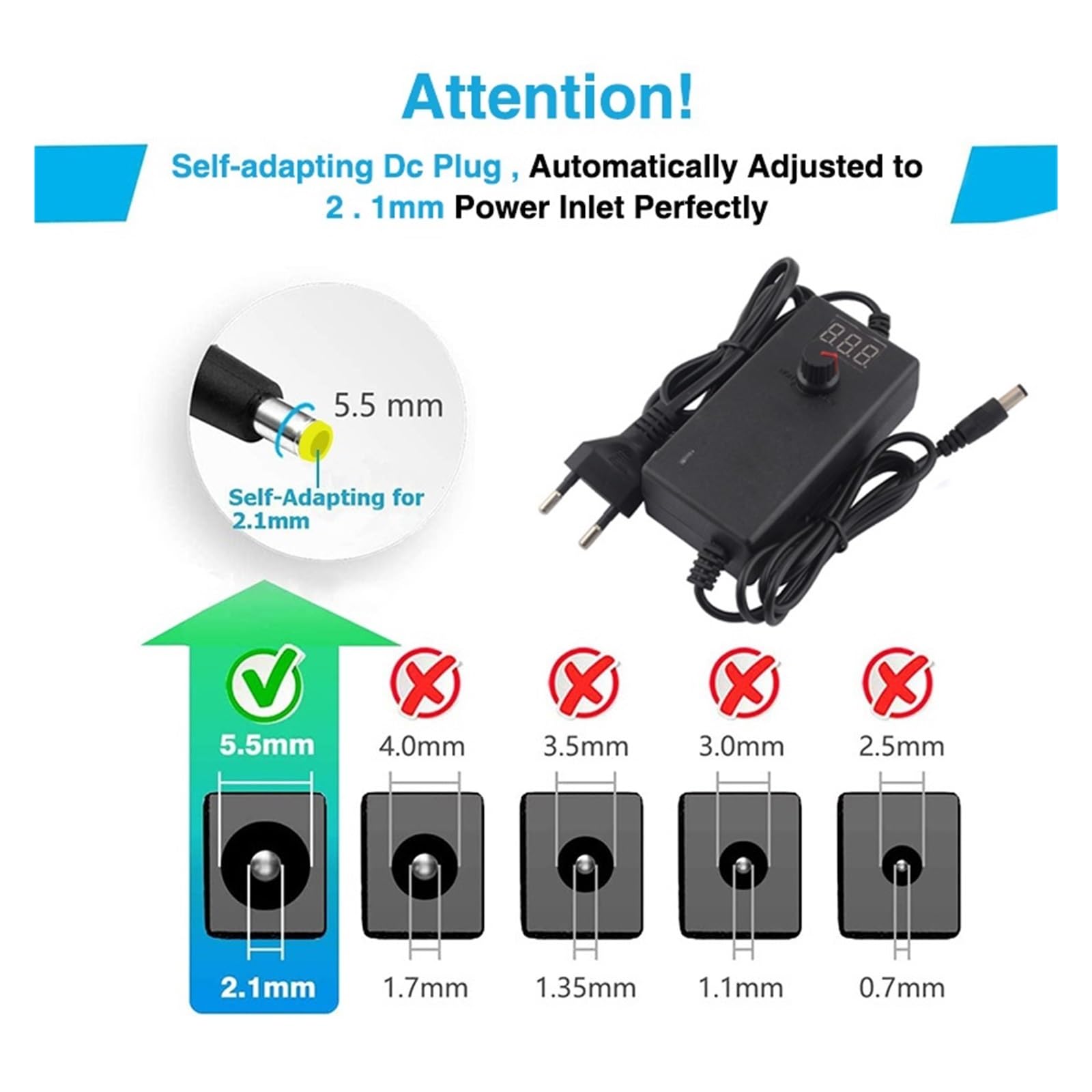 Adaptateur Secteur réglable AC à DC 3V-12V 3V-24V 9V-24V avec écran d'affichage d'alimentation Universel 12V 1A 2A Adaptateur de Chargeur de Commutation(with DC Female Male,US_3V-24V 1A)