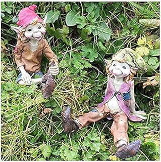 Folletti seduti, statuette decorative da giardino di alta qualità, mistero magico, elfo e fata, per bambini, set da 2, altezza: 12 cm