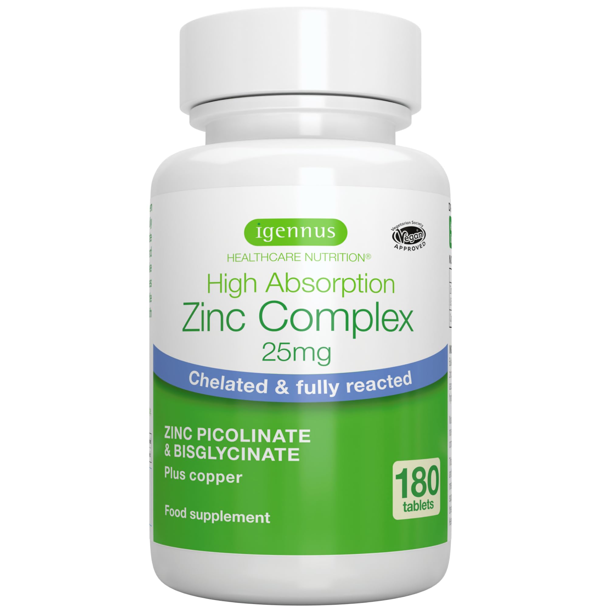 Igennus Chelated Zinc 25mg, Zinc Picolinate & Bisglycinate Plus Copper