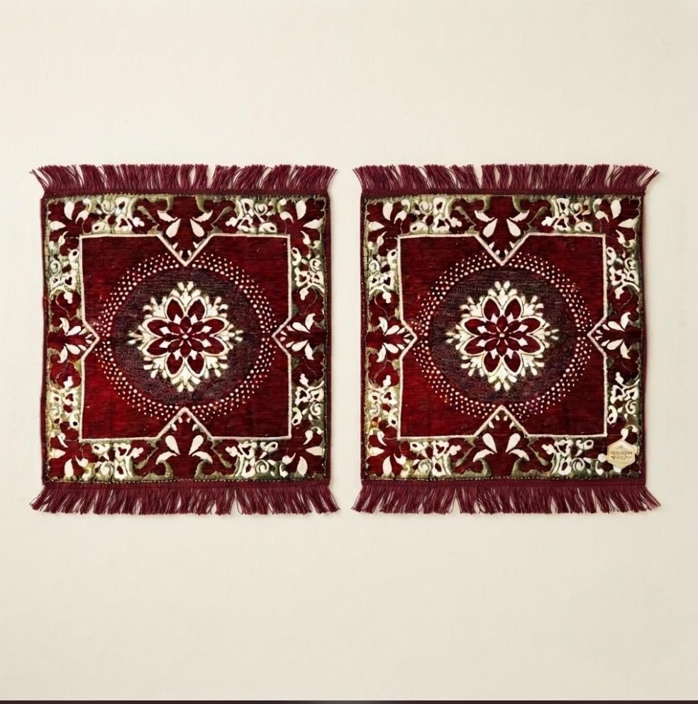 Set of 2 Chenille Worship mats Pooja Asan Premium Velvet Designer Table mats/Pooja aasan/Multi-Purpose mats - Set of 2 (Maroon Red)-image-37
