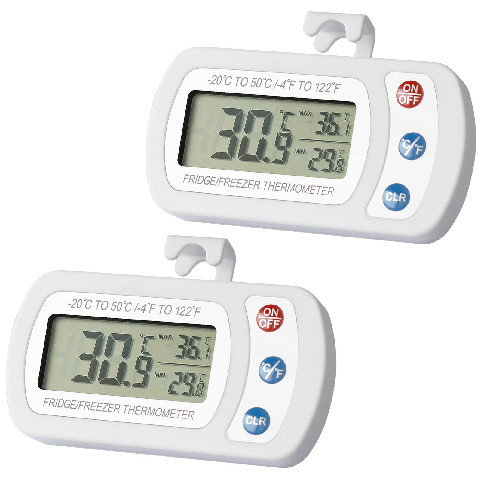AIGUMI 2 PCS Fridges Thermometer Digital Waterproof Thermometer Refrigerator Temperature Monitor LCD Display Max Min Record with Hook (White)