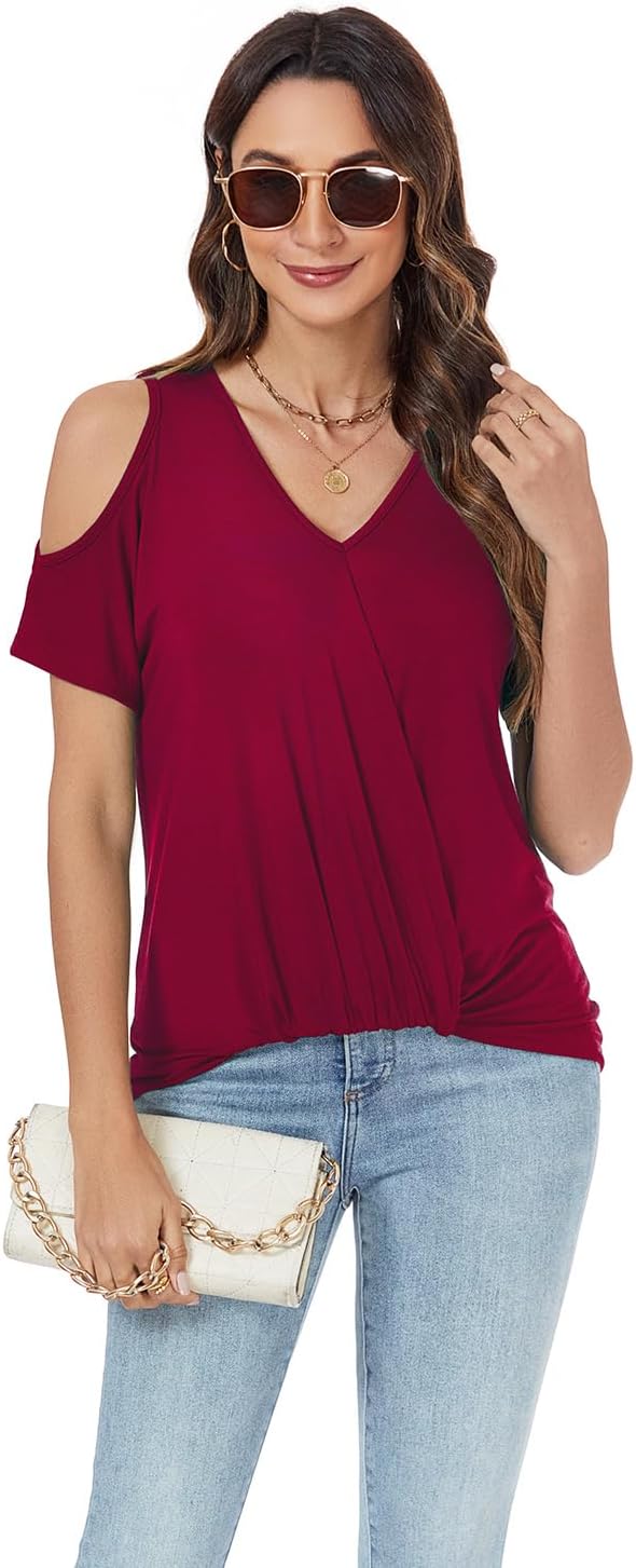 LEIYEE Womens Summer Cold Shoulder Tops Sexy Casual Short Sleeve V Neck Cute Front Knot Ruched Shirred T Shirt Blouse - Image 5