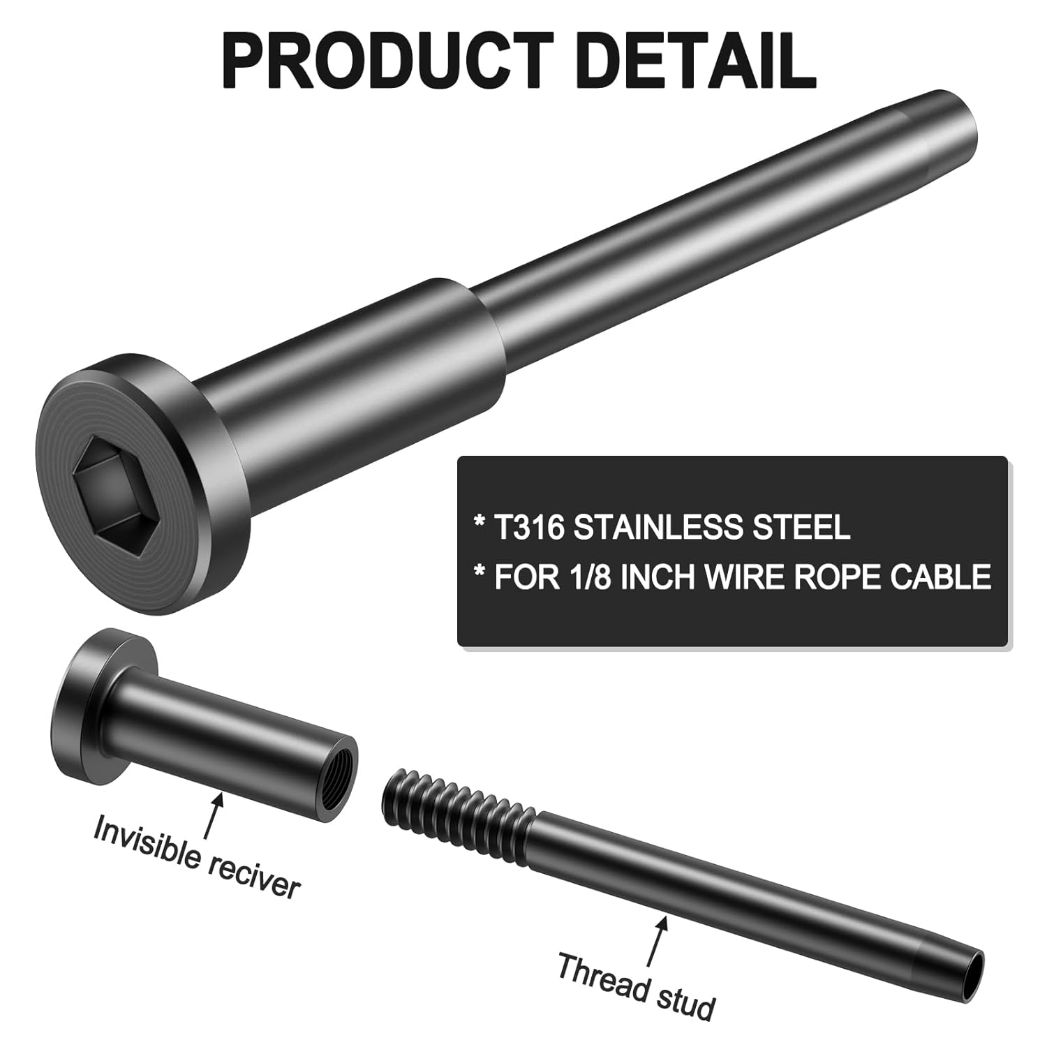 BLIKA 20 Pack 1/8" Black Stainless Steel Invisible Receiver and Swage Stud Ends and 20 Pack 5/16" ID Black Angle Washers