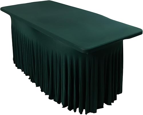Miniatura 6 de Efavormart - Falda de mesa rectangular de una pieza de elastano de 6 pies, color verde esmeralda cazador, falda de mesa elástica con volantes