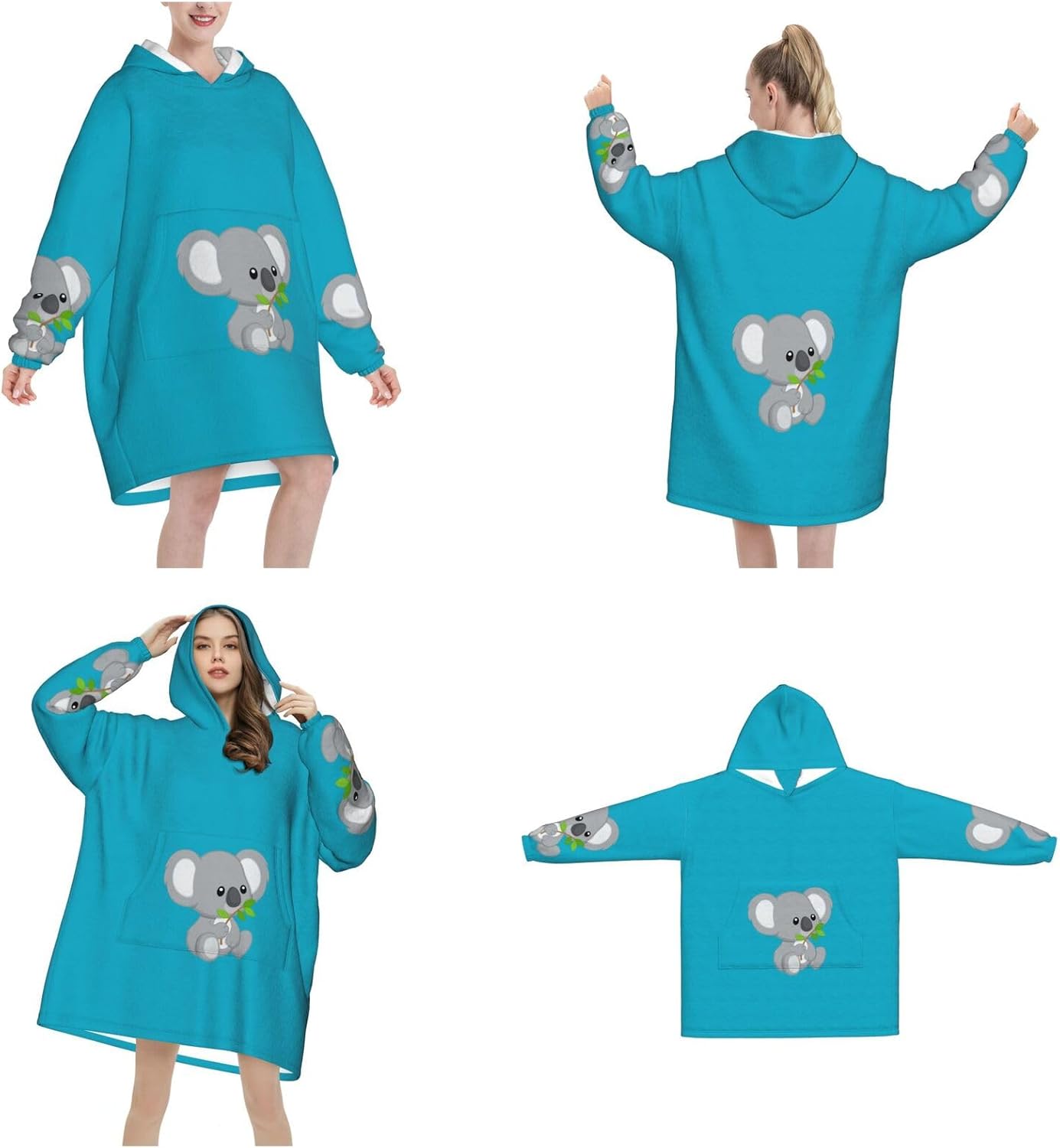 Green Leaf Koala Print Blanket Hoodie Fleece Sweatshirt Blanket With Sleeves And Pockets