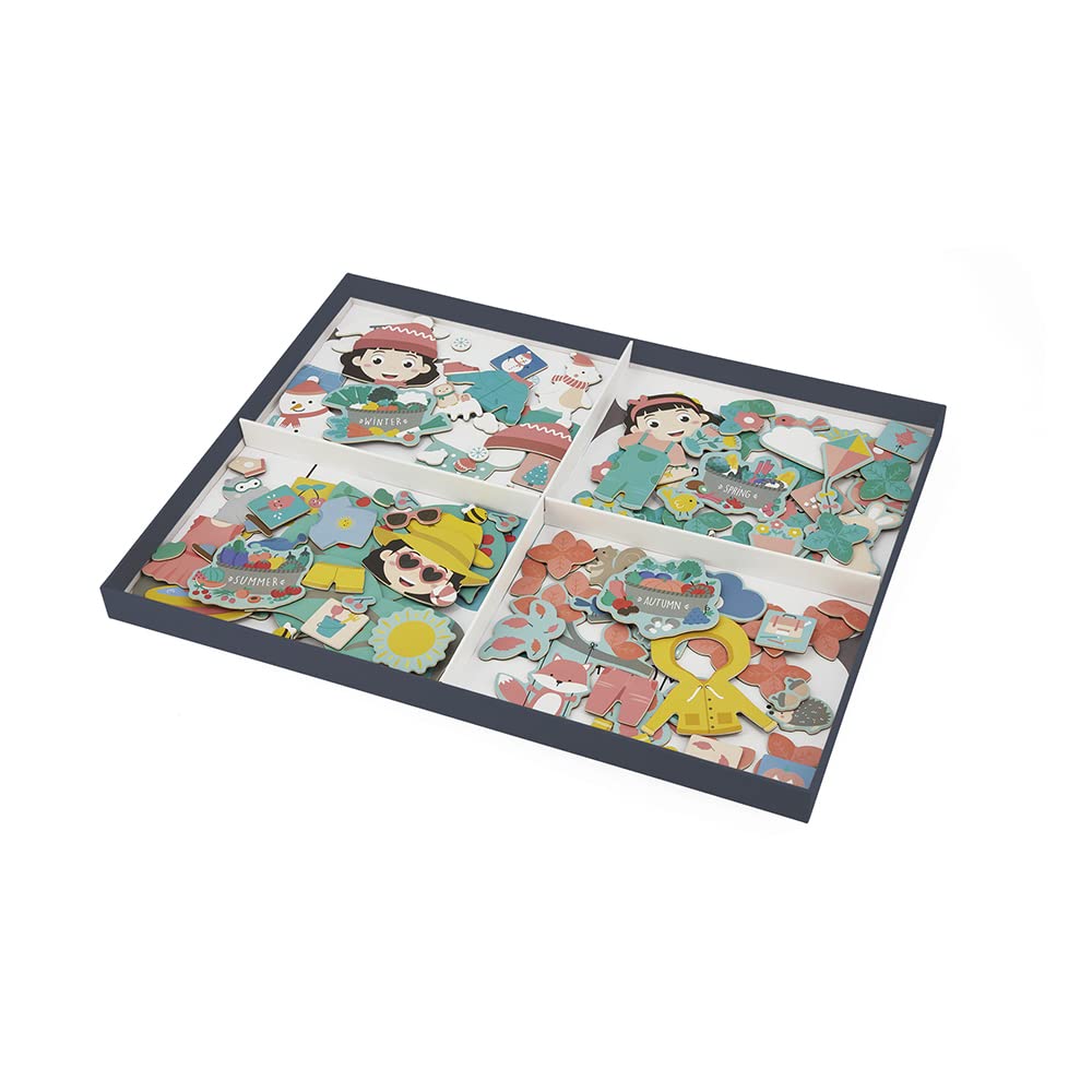 Janod - Calendario delle Stagioni - Calendario Educativo in Legno per Bambini 42 x 32 cm - Magnetico - 125 Magneti - Tempo e Stagioni - Versione Inglese - Dai 3 Anni, J5464