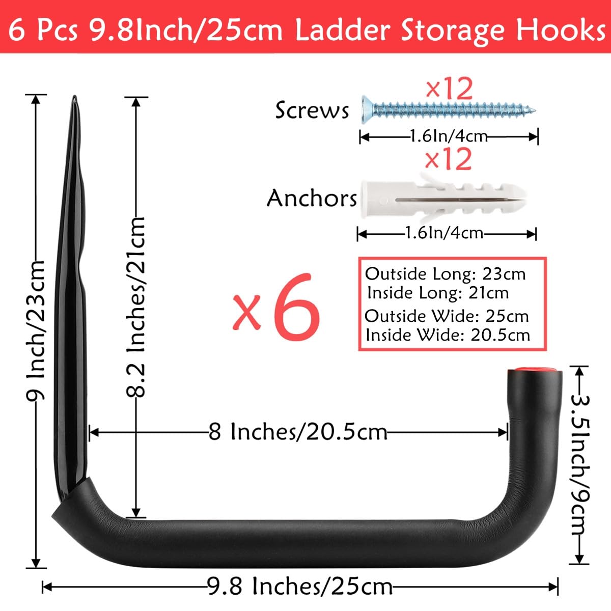 Garage Storage Ladders Hooks, 6 Pcs Heavy Duty Utility Hanger, 25cm Wall Mount Rack Safely Holds 23KG (23cm x 25cm) - Image 2
