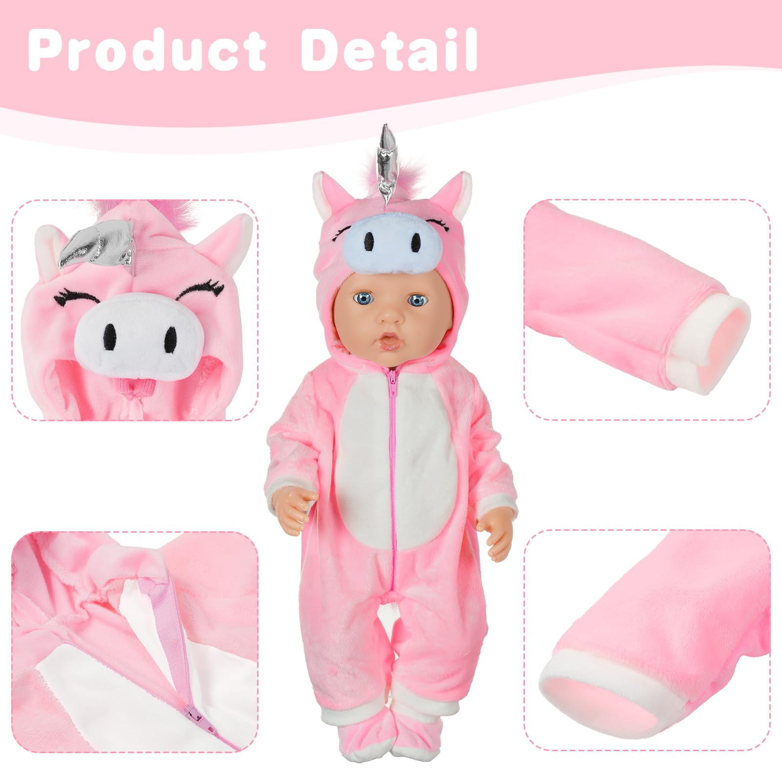 Aolso Vestiti per Bambole per New Born Baby Doll, Abiti per Bambolotti 35-45CM 18" , Pagliaccetti Stampa con Cappello, con 1 paio di Calzini e 1 Gruccia, Unicorno Rosa(Bambola non Inclusa)