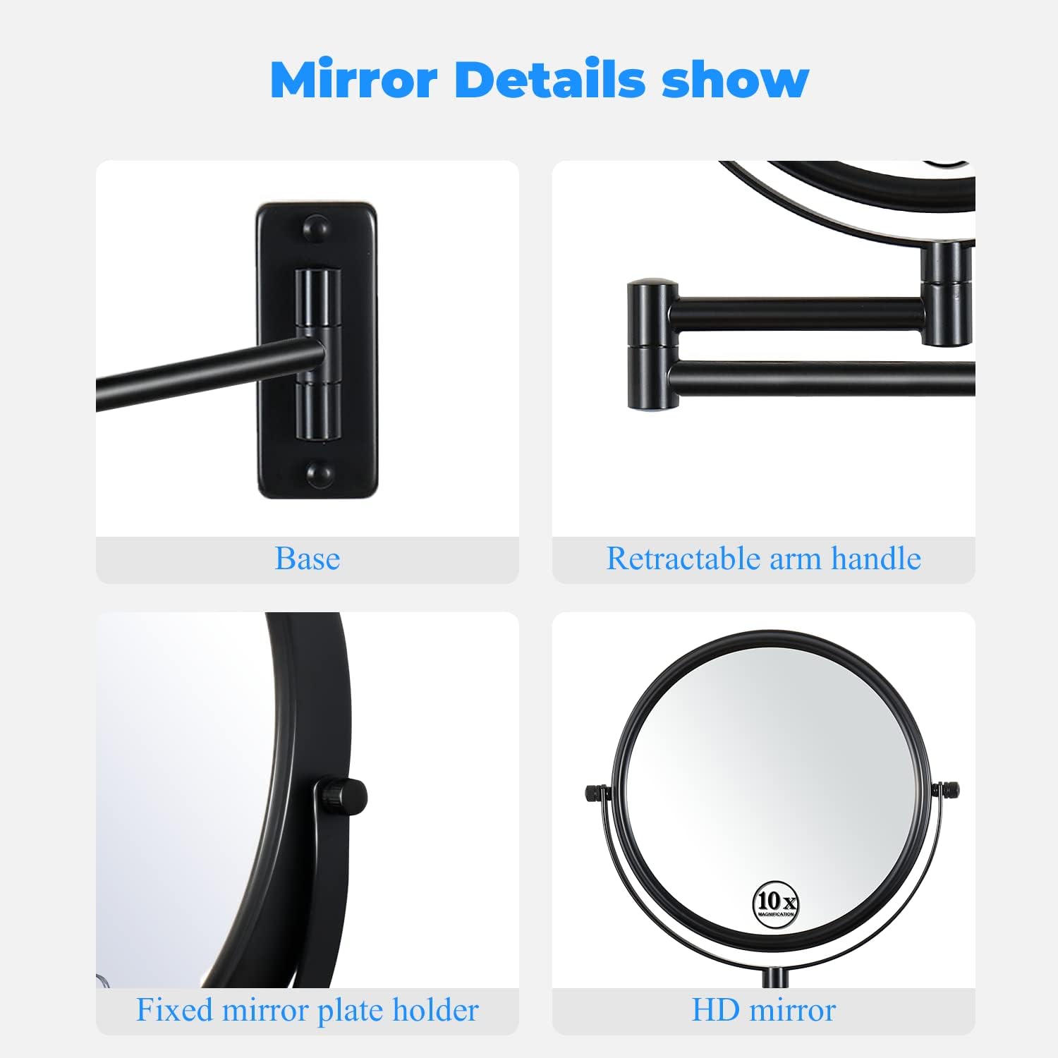 Wall Mounted Makeup Mirror, 1x/ 10x Magnifying Makeup Mirror, 8" Double Sided Make up Mirror with 360 Degree Swivel Extendable Arm, Home Bathroom Shaving Vanity Mirror (Black)