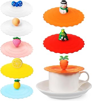 Luxshiny 8 Pcs Silicone Cup Covers Reusable Dustproof Mug Covers with Cute Fruit Shapes Food-Grade Lids for Mugs and Glasses Drink Protectors for Home Kitchen