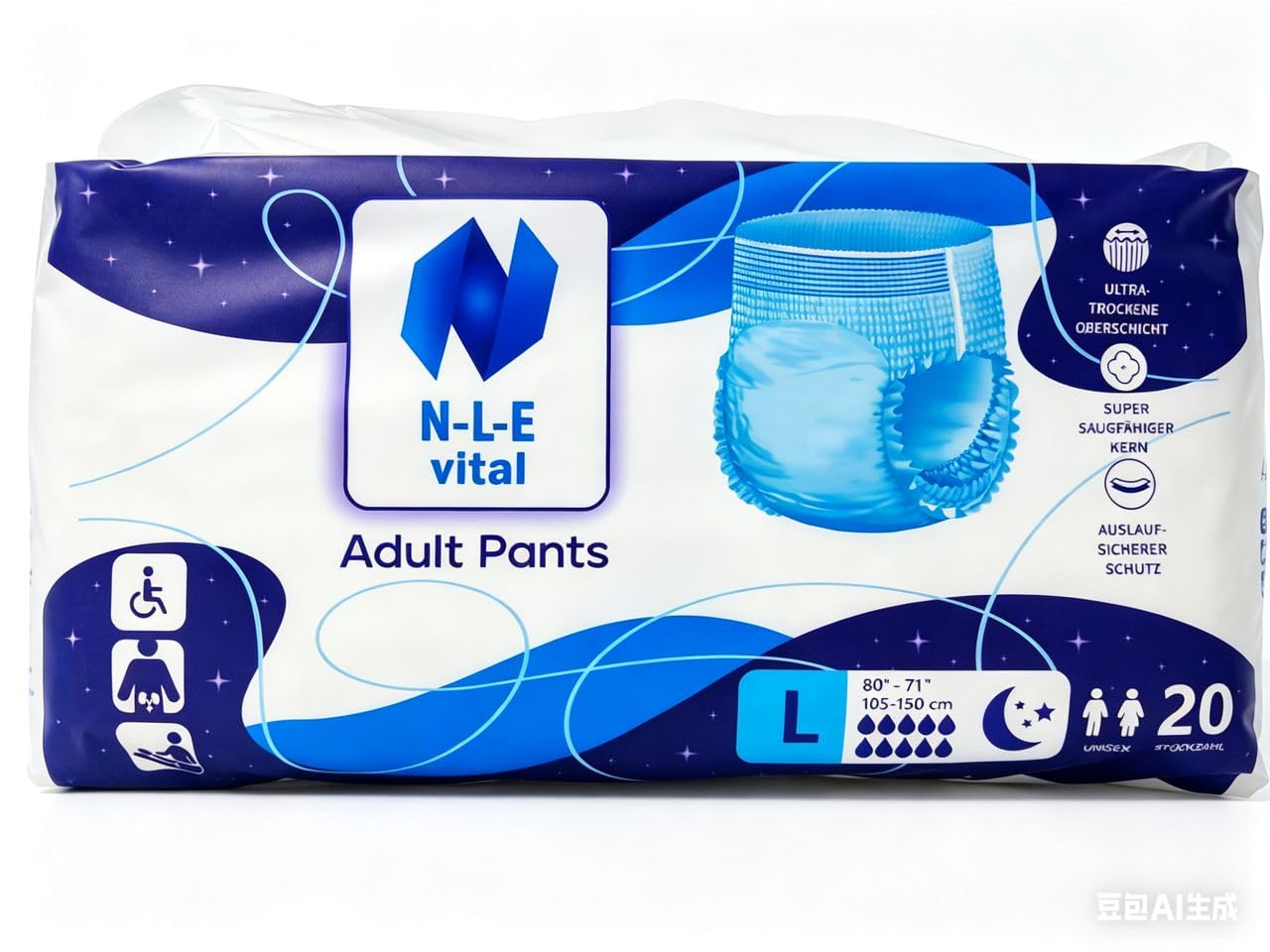 N-L-E Lot de 80 culottes d'incontinence pour adulte L/XL | Couches à tirer | 2000 ml de puissance d'aspiration (L - 80 pièces nuit)