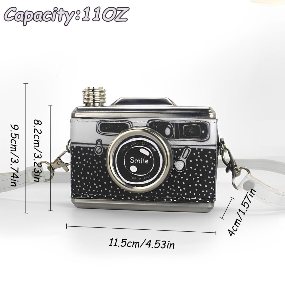 11OZ Creative Camera Hip Flask Stainless Steel Alcohol Flask with Removable Strap Portable Leak Proof Hidden Whiskey Hip Flask Men Women Personalized Quirky Fun Party Travel Outdoor Gift (Black)