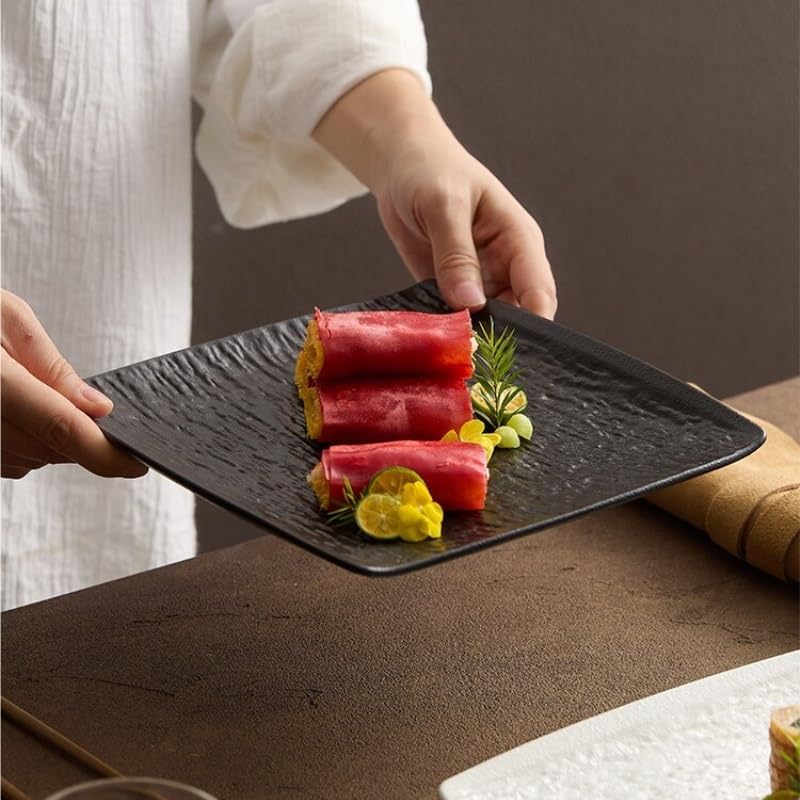 Platos de Cena Platos Cuadrados de Estilo Occidental japonés, Platos de cerámica creativos con patrón de Piedra, Platos de Carne caseros Platos de Pasta(B)