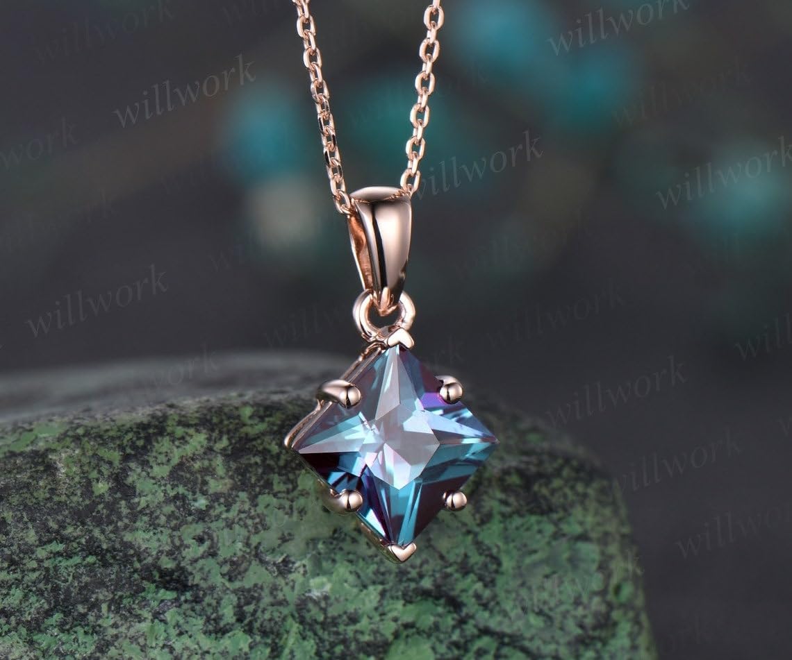 Princess cut alexandrite necklace solid 14k rose gold vintage unique Personalized pendant women her gemstone anniversary bridal gift mother(without Chain)