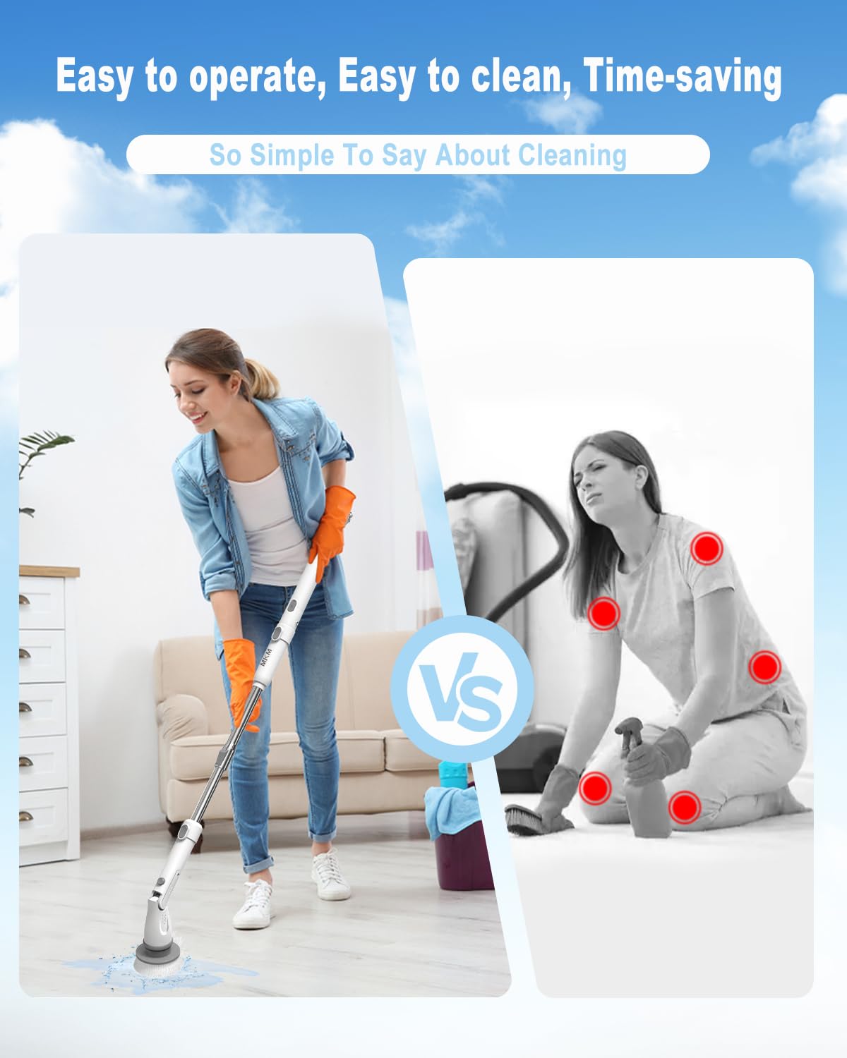 MKM Cepillo eléctrico giratorio para limpiar el suelo de la bañera del baño y la ducha de azulejos, máquina de mano inalámbrica automática de 360 grados de largo, herramienta motorizada giratoria de