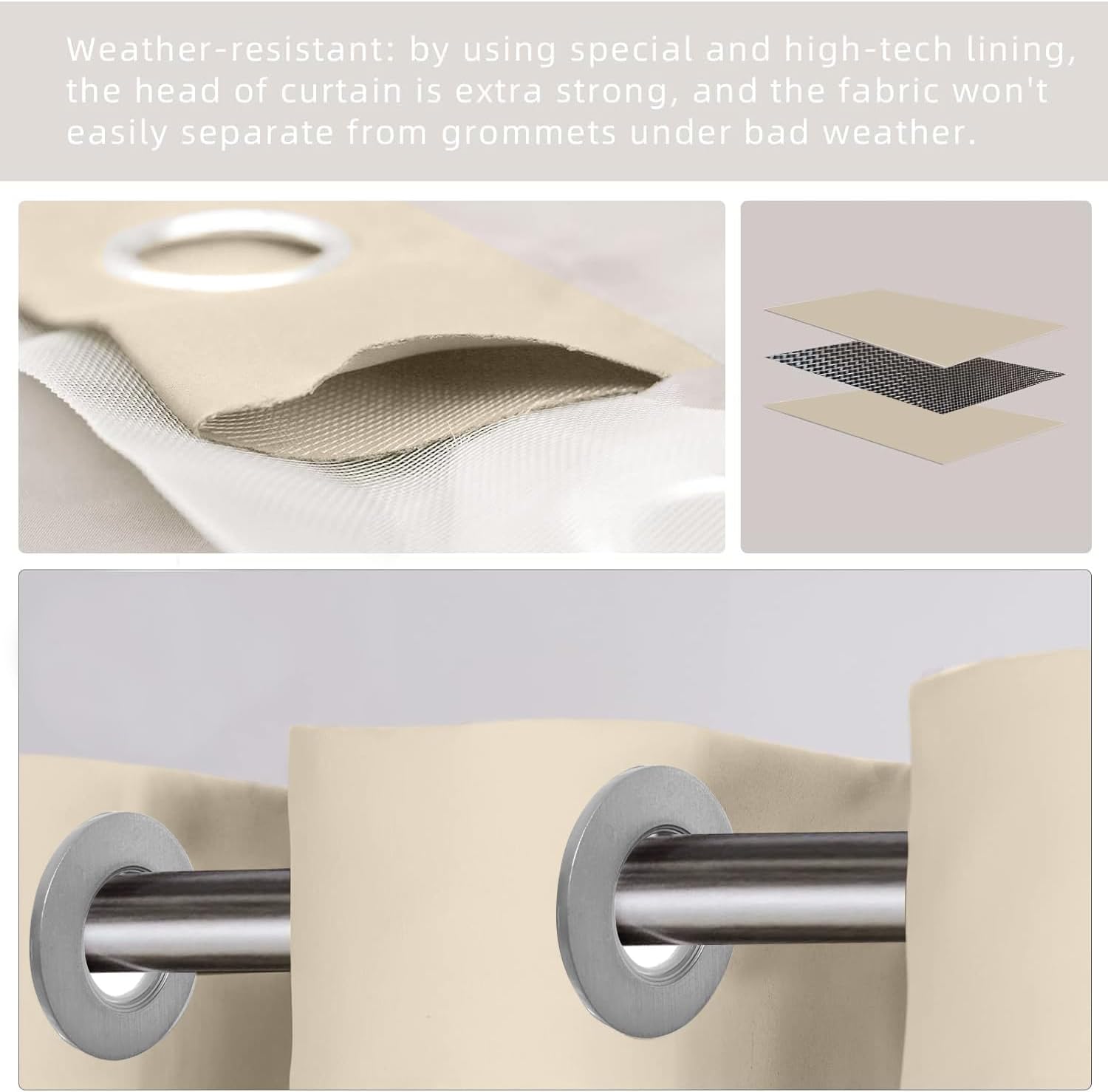 Outdoor Patio Curtain Waterproof Darkening Sun Blocking Grommet Curtains for Porch, Pergola, Cabana,Beige,Set of 2 Panels