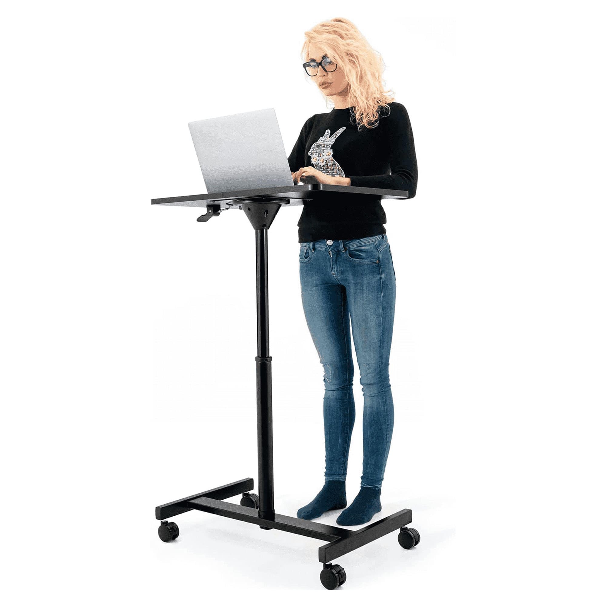 Tatkraft Focus - Laptoptisch Höhenverstellbar, 74-114 cm, Airlift Pneumatischer Sitz-Steh, mit Rädern, große Tischplatte Geeignet bis 19” Laptops