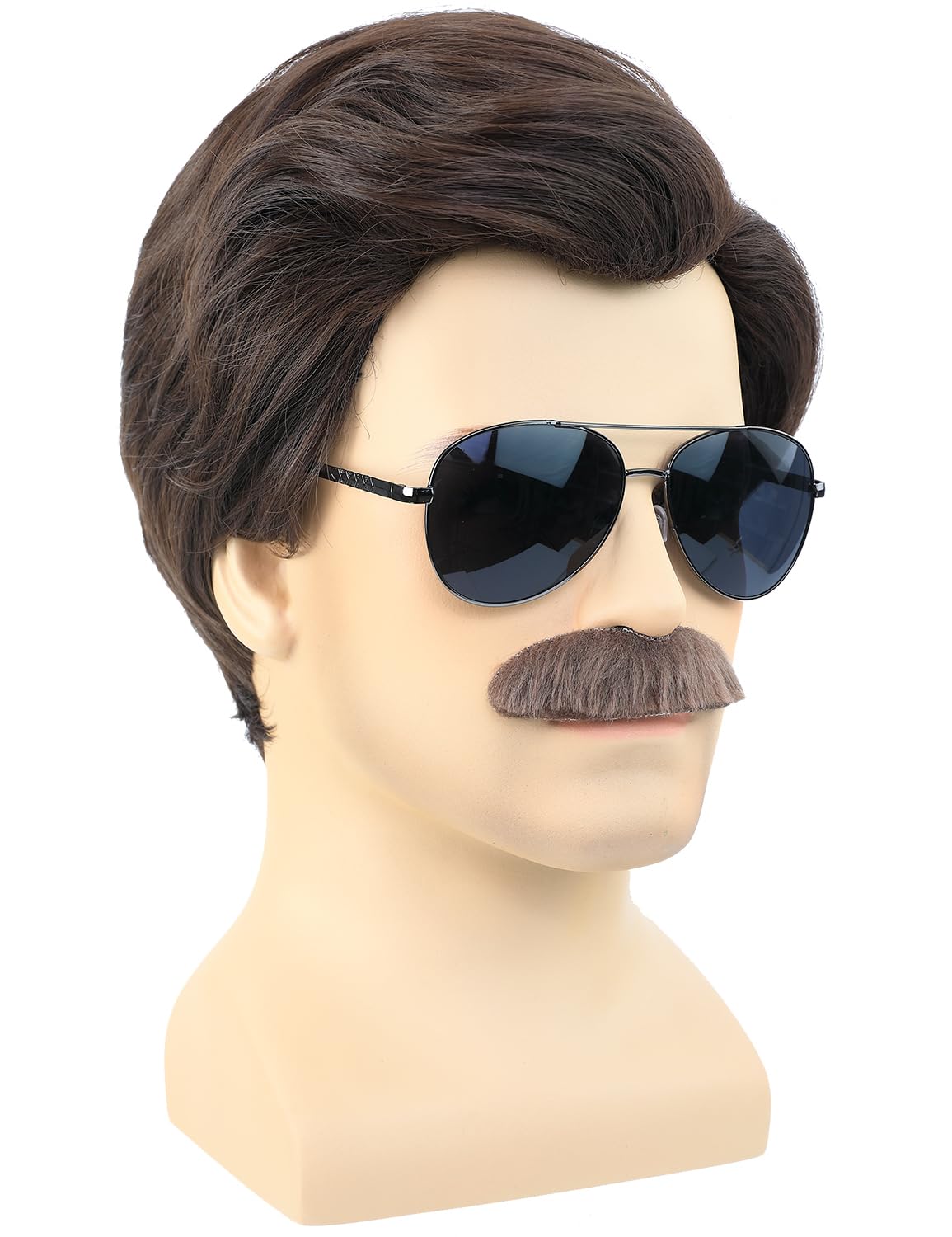 Short Brown Men Wig with Msutache and Sunglasses for 70s 80s Costume Cosplay Halloween Party - Image 8
