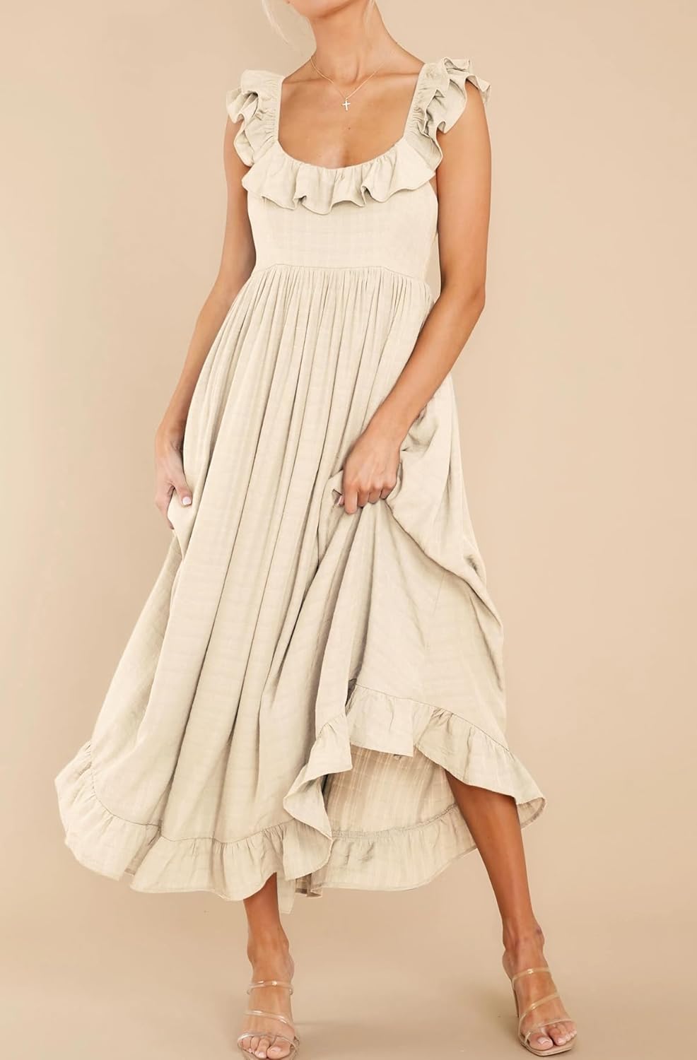 R.Vivimos Summer Dress for Women Sleeveless Boho Ruffle Square Neck Tie Back Casual Backless Flowy Midi Dress - Image 4