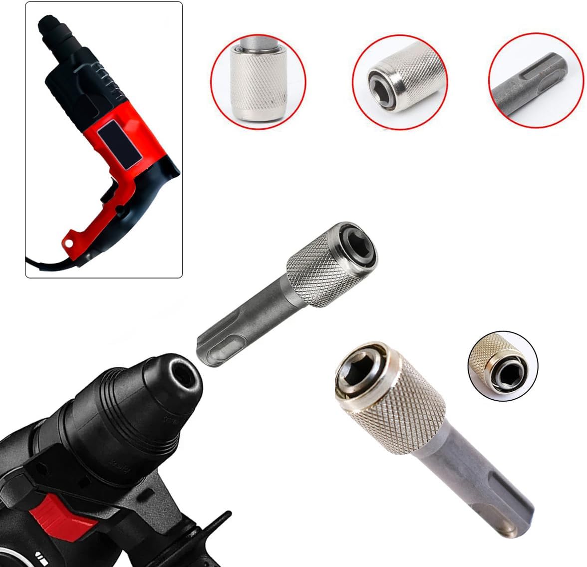 3 Pack SDS-Plus Shank to 1/4'' Hex Socket Adapter Converter SDS-PLUS to 1/4" Hex Adapter for Rotary Hammer Drill Driver Keyless Chuck 1/4 Inch Drill Bit Set Screwdriver Bits