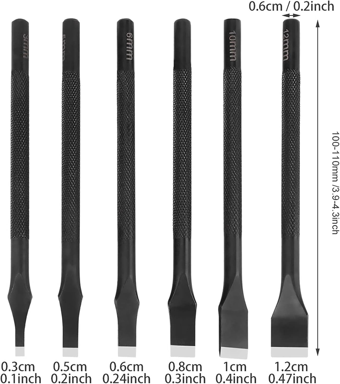 6pcs Slotted Straight Flat Tip Punch, 3/5/6/8/10/12mm Leather Straight Punch Flat Tip Punch Black Slot Punches Straight Punch Cut Leather Craft for Belts Wallets Belts Braiding