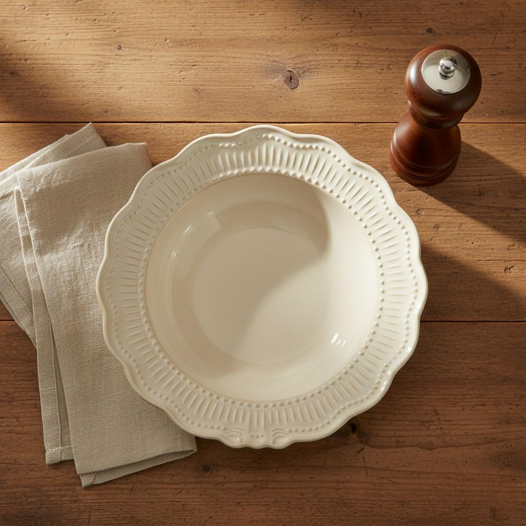 Ceramic soup bowl and pasta plate set (4 pieces) 10.1 oz. Embossed soup bowl, porcelain wide-rimmed pasta plate, vintage cream-style plate, microwave and dishwasher safe