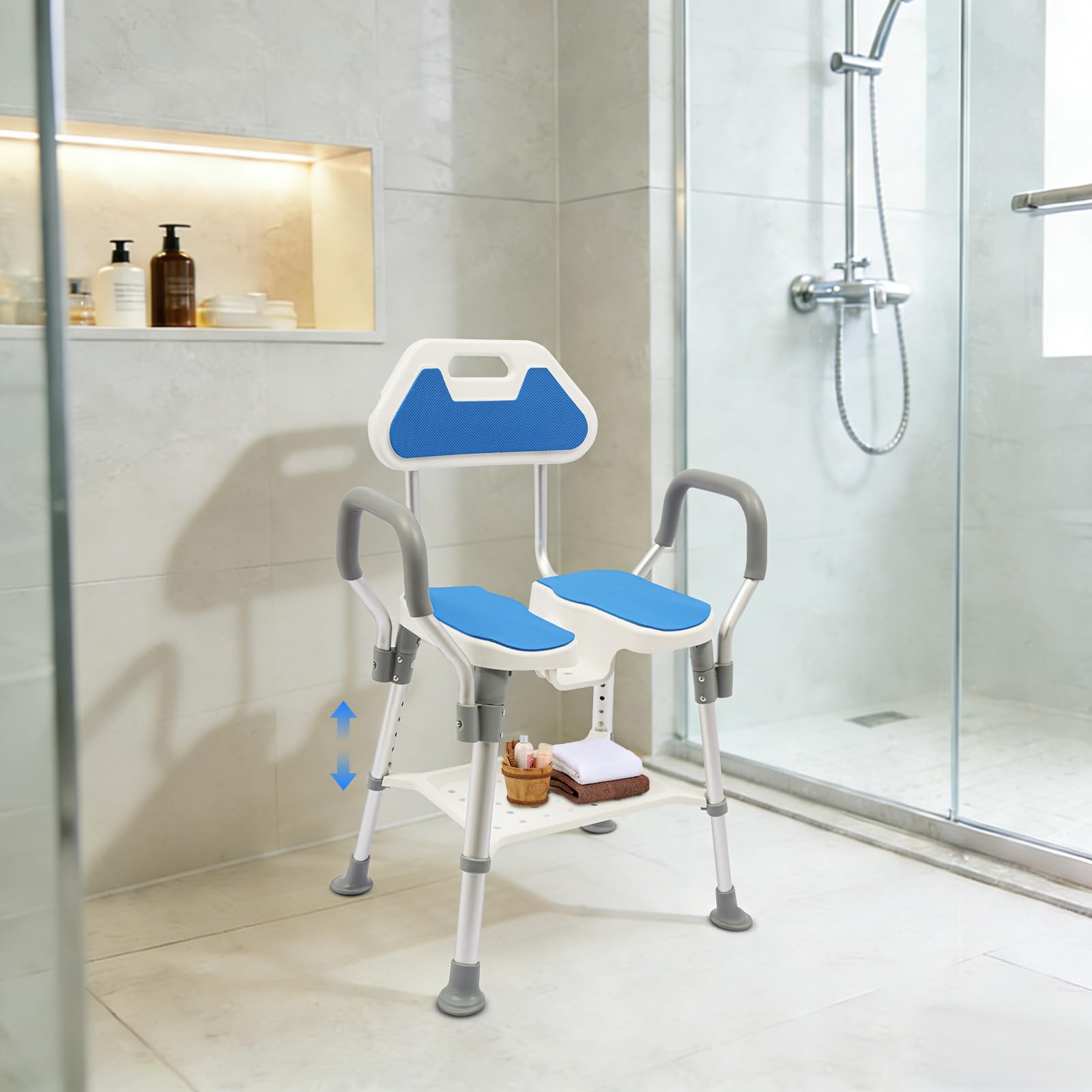 Taburete de ducha con respaldo, 5 niveles de altura regulable 38-48 cm, silla de baño con capacidad de carga de 150 kg, asiento de ducha con reposabrazos, asiento de ducha antideslizante