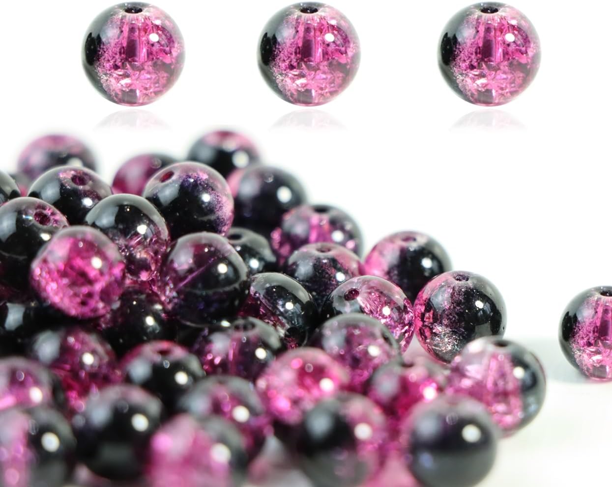 100Pcs 10mm Crackle Glass Beads for Jewelry Making - Round Spacer Crystal Beads Bulk, DIY Craft Supplies for Necklace Bracelet Earrings (Pink Black) - Image 3