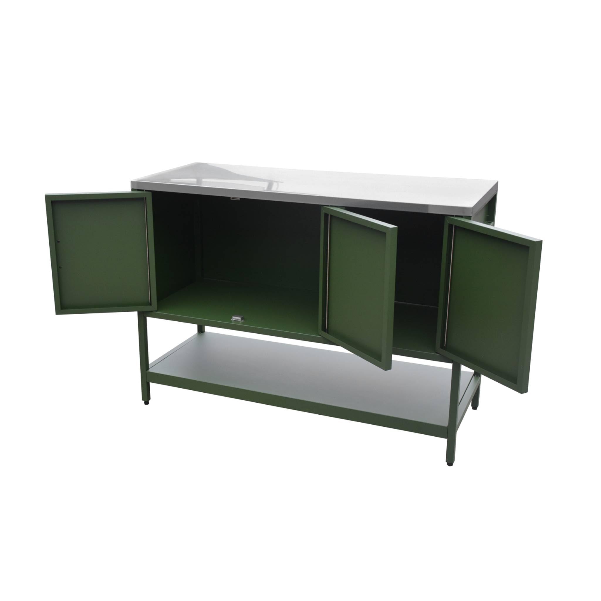 sweeek - Cuisine d'extérieure en acier vert 3 portes.1 étagère L120cm