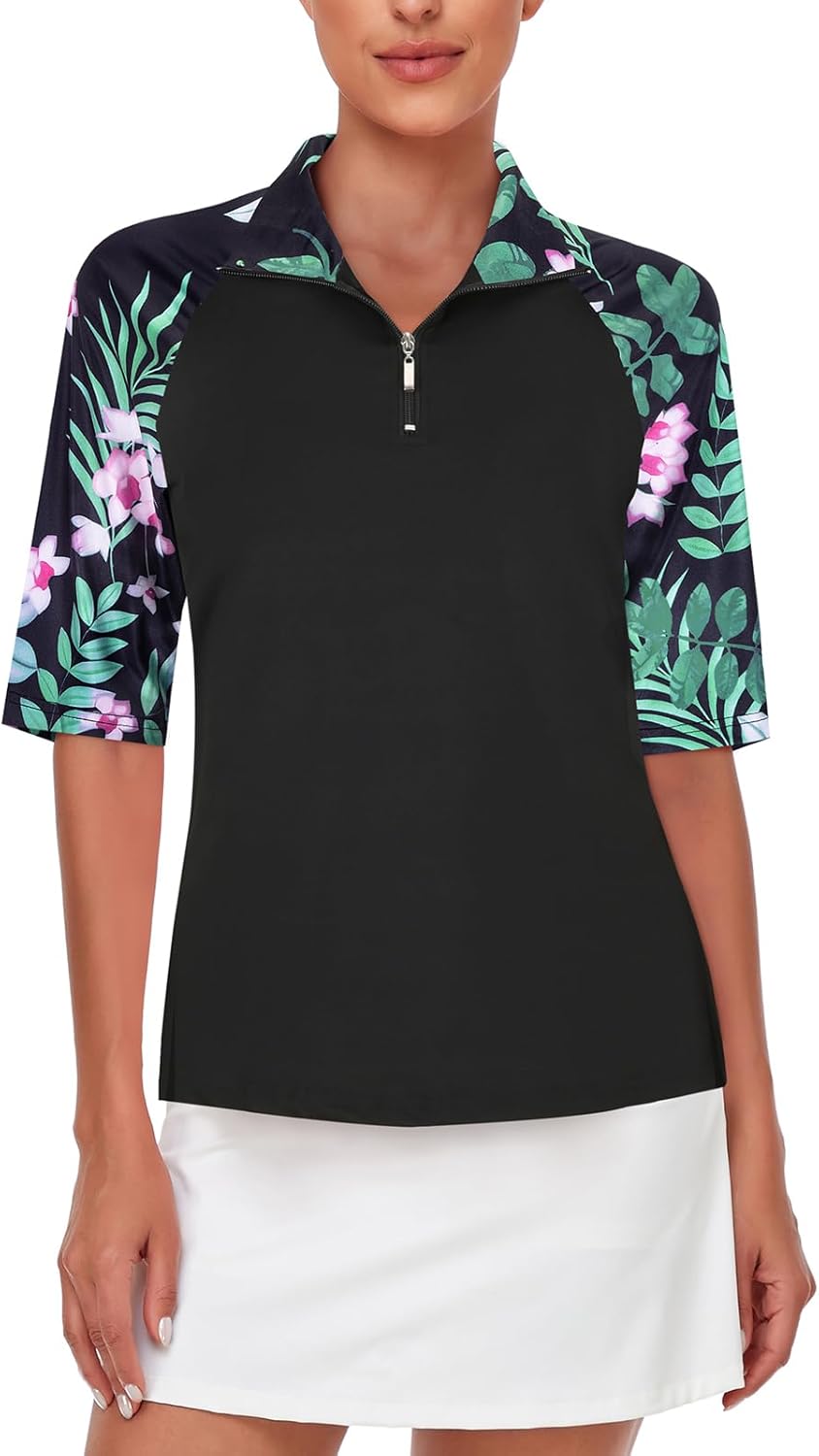 Cucuchy Womens Golf Shirt Half Sleeve Quarter Zip Polo Tennis Shirts Workout Tops