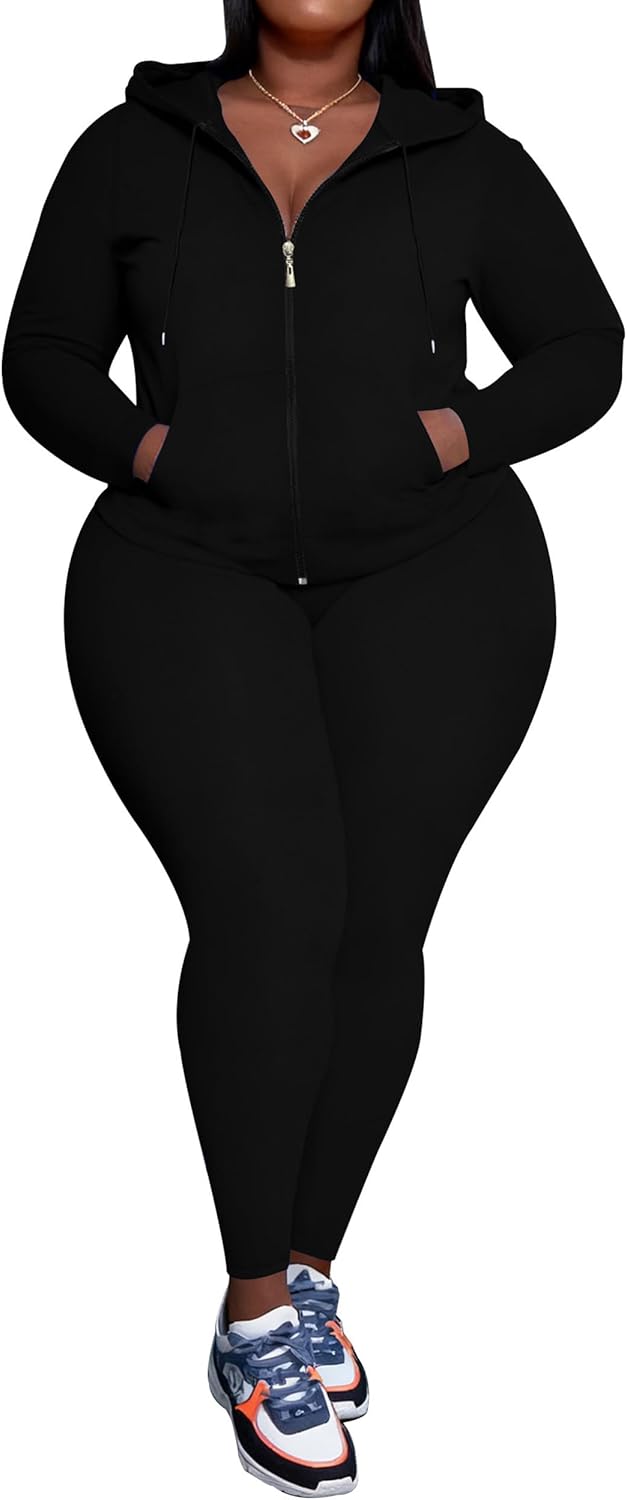 PINSV Women's Plus Size 2 Piece Outfits Sweatsuits Zip Up Hoodie Pants Tracksuit Sets - Image 3