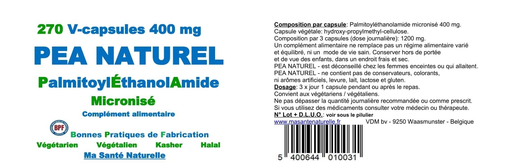 PEA Naturel Palmitoiletanolamida Micronizada 270 Cápsulas 400mg | Primera Calidad, Cápsulas Vegetarianas, Suplemento Nutricional